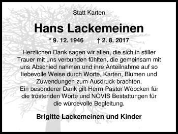 Traueranzeige von Hans Lackemeinen von Nordwest-Zeitung