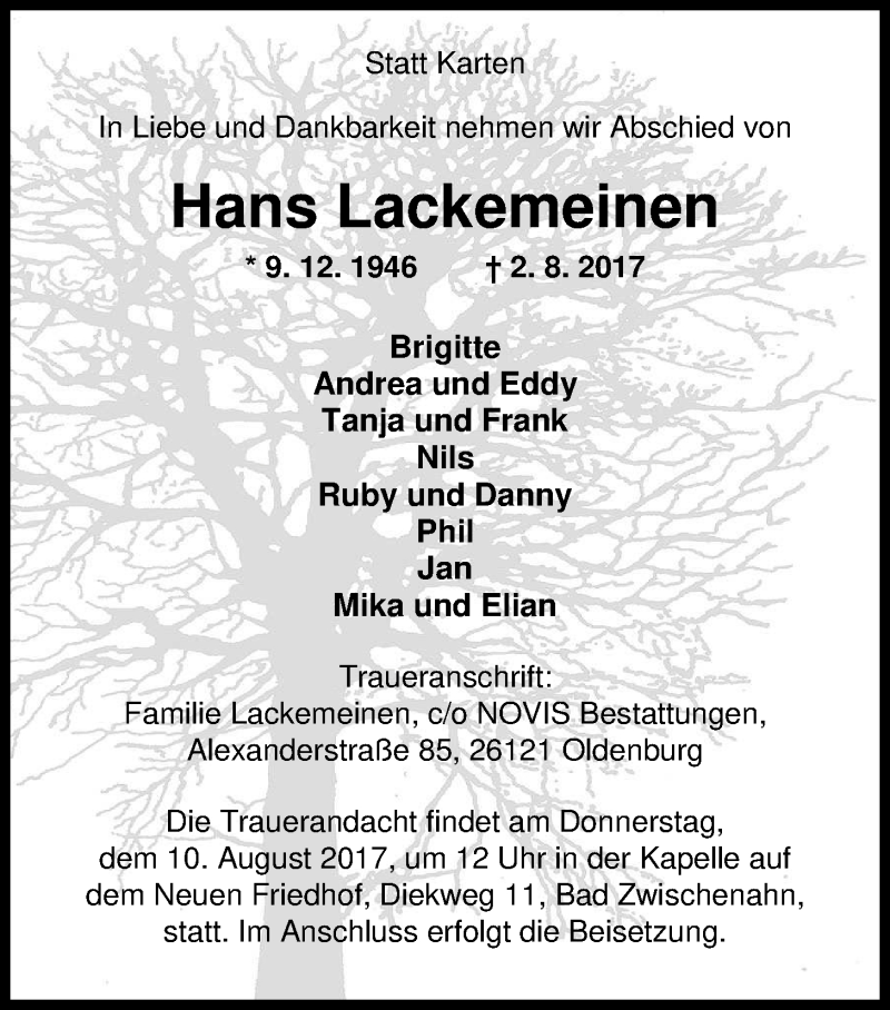  Traueranzeige für Hans Lackemeinen vom 05.08.2017 aus Nordwest-Zeitung