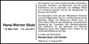 Traueranzeige von Hans-Werner Stutz von Nordwest-Zeitung