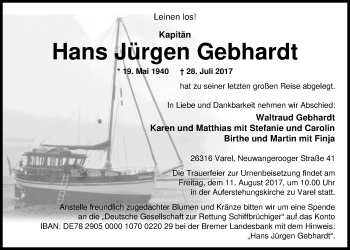 Traueranzeige von Hans Jürgen Gebhardt von Nordwest-Zeitung