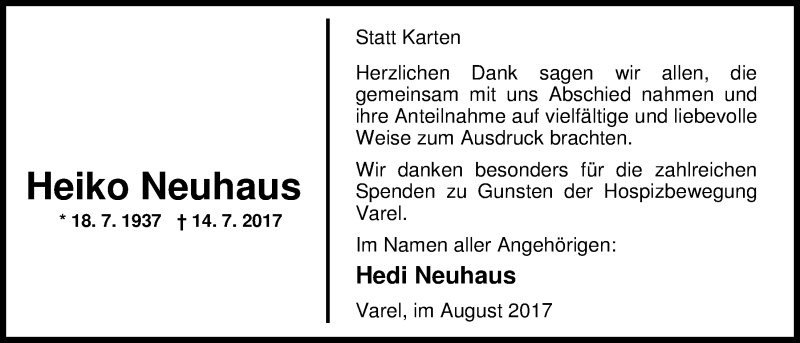  Traueranzeige für Heiko Neuhaus vom 31.08.2017 aus Nordwest-Zeitung