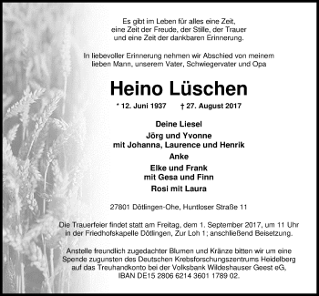Traueranzeige von Heino Lüschen von Nordwest-Zeitung