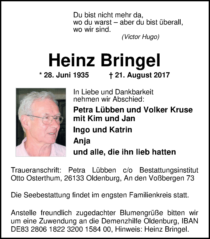  Traueranzeige für Heinz Bringel vom 26.08.2017 aus Nordwest-Zeitung
