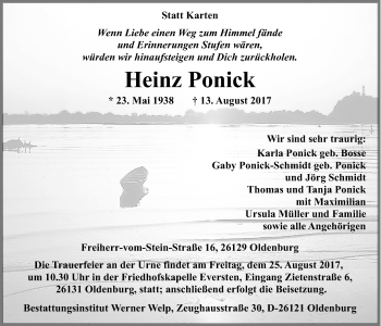 Traueranzeige von Heinz Ponick von Nordwest-Zeitung