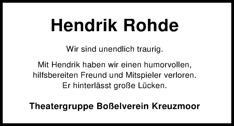  Traueranzeige für Hendrik Rohde vom 21.08.2017 aus Nordwest-Zeitung