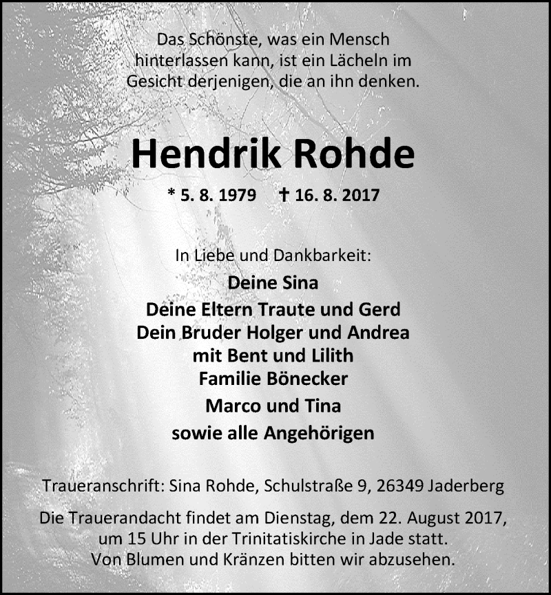  Traueranzeige für Hendrik Rohde vom 19.08.2017 aus Nordwest-Zeitung