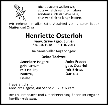 Traueranzeige von Henriette Osterloh von Nordwest-Zeitung