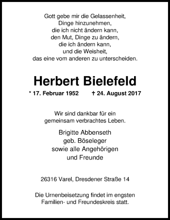 Traueranzeige von Herbert Bielefeld von Nordwest-Zeitung