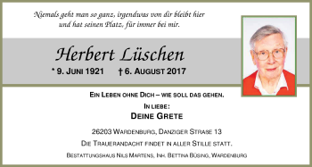 Traueranzeige von Herbert Lüschen von Nordwest-Zeitung