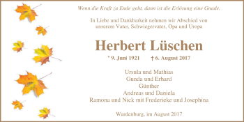 Traueranzeige von Herbert Lüschen von Nordwest-Zeitung