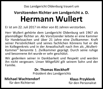 Traueranzeige von Hermann Wullert von Nordwest-Zeitung