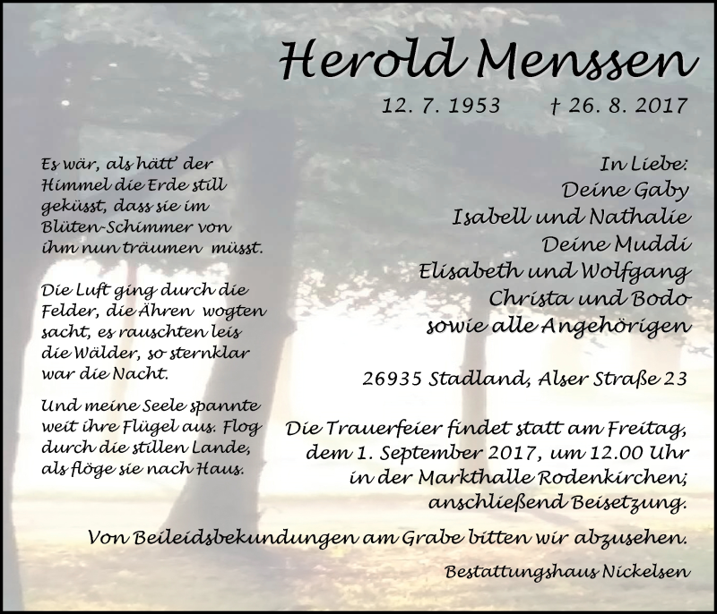  Traueranzeige für Herold Menssen vom 29.08.2017 aus Nordwest-Zeitung