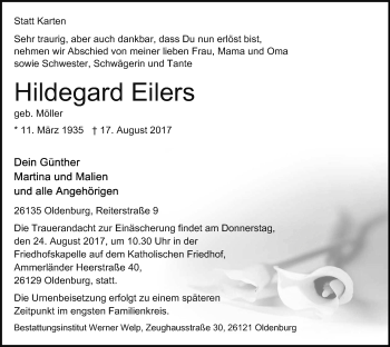 Traueranzeige von Hildegard Eilers von Nordwest-Zeitung