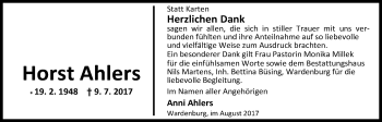 Traueranzeige von Horst Ahlers von Nordwest-Zeitung