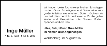 Traueranzeige von Inge Müller von Nordwest-Zeitung