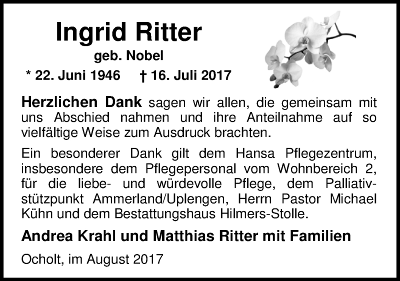  Traueranzeige für Ingrid Ritter vom 18.08.2017 aus Nordwest-Zeitung