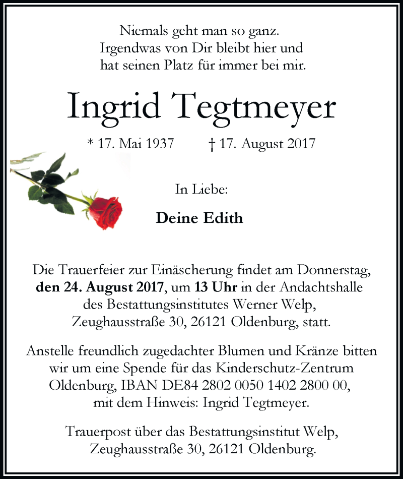  Traueranzeige für Ingrid Tegtmeyer vom 22.08.2017 aus Nordwest-Zeitung