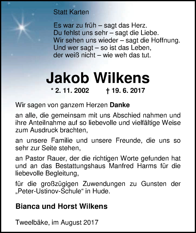  Traueranzeige für Jakob Wilkens vom 05.08.2017 aus Nordwest-Zeitung