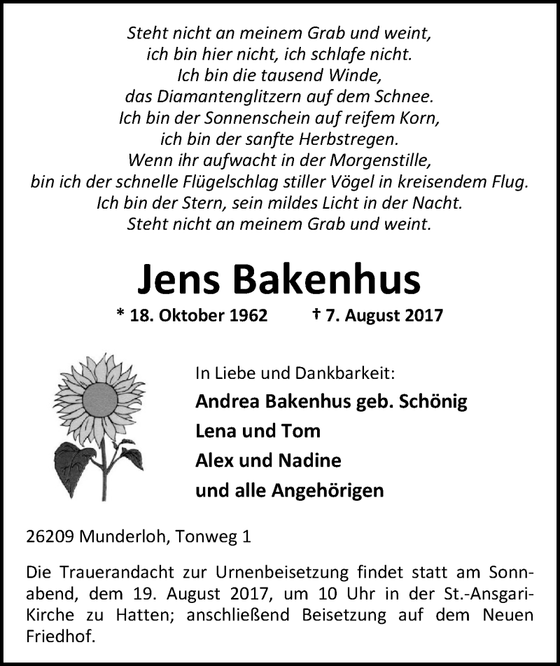  Traueranzeige für Jens Bakenhus vom 12.08.2017 aus Nordwest-Zeitung