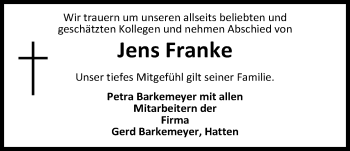 Traueranzeige von Jens Franke von Nordwest-Zeitung