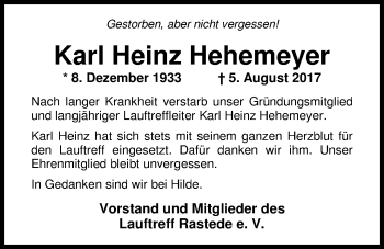 Traueranzeige von Karl Heinz Hehemeyer von Nordwest-Zeitung