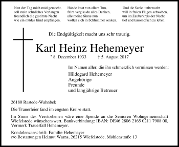 Traueranzeige von Karl Heinz Hehemeyer von Nordwest-Zeitung
