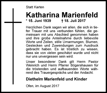 Traueranzeige von Katharina Marienfeld von Nordwest-Zeitung