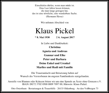 Traueranzeige von Klaus Pickel von Nordwest-Zeitung