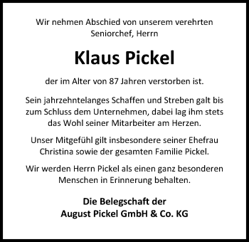 Traueranzeige von Klaus Pickel von Nordwest-Zeitung