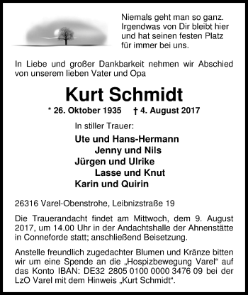 Traueranzeige von Kurt Schmidt von Nordwest-Zeitung
