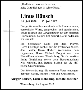 Traueranzeige von Linus Bänsch von Nordwest-Zeitung