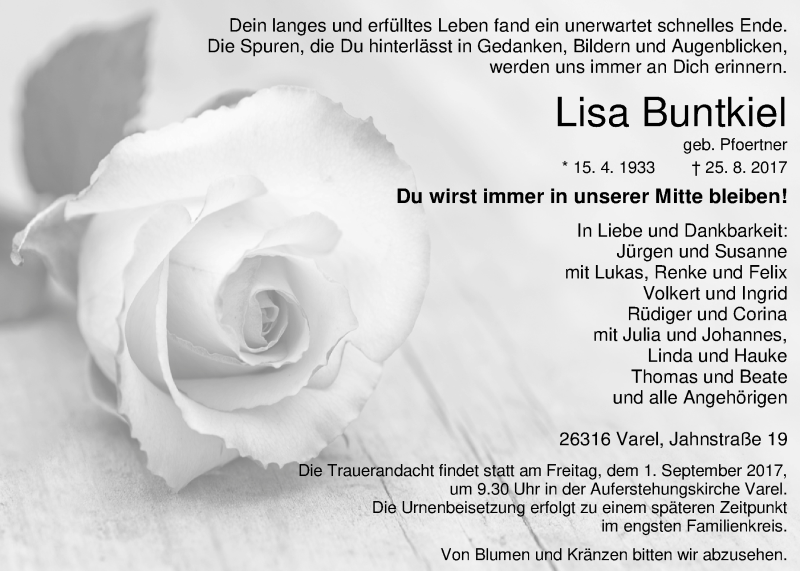  Traueranzeige für Lisa Buntkiel vom 29.08.2017 aus Nordwest-Zeitung