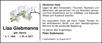 Traueranzeige von Lisa Giebmanns von Nordwest-Zeitung