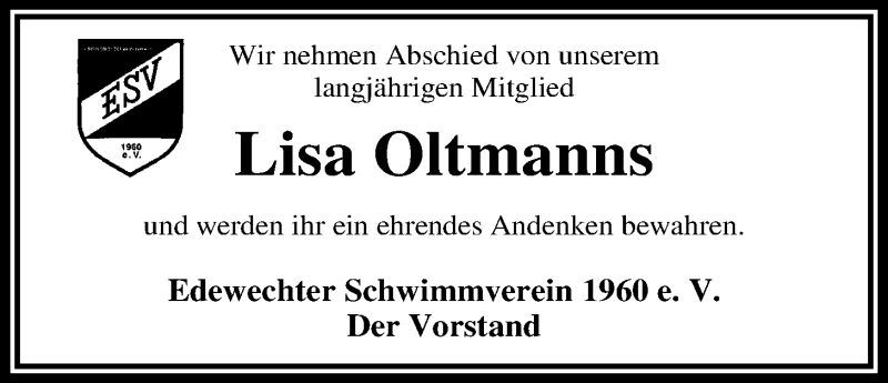  Traueranzeige für Lisa Oltmanns vom 11.08.2017 aus Nordwest-Zeitung
