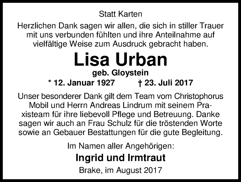  Traueranzeige für Lisa Urban vom 19.08.2017 aus Nordwest-Zeitung