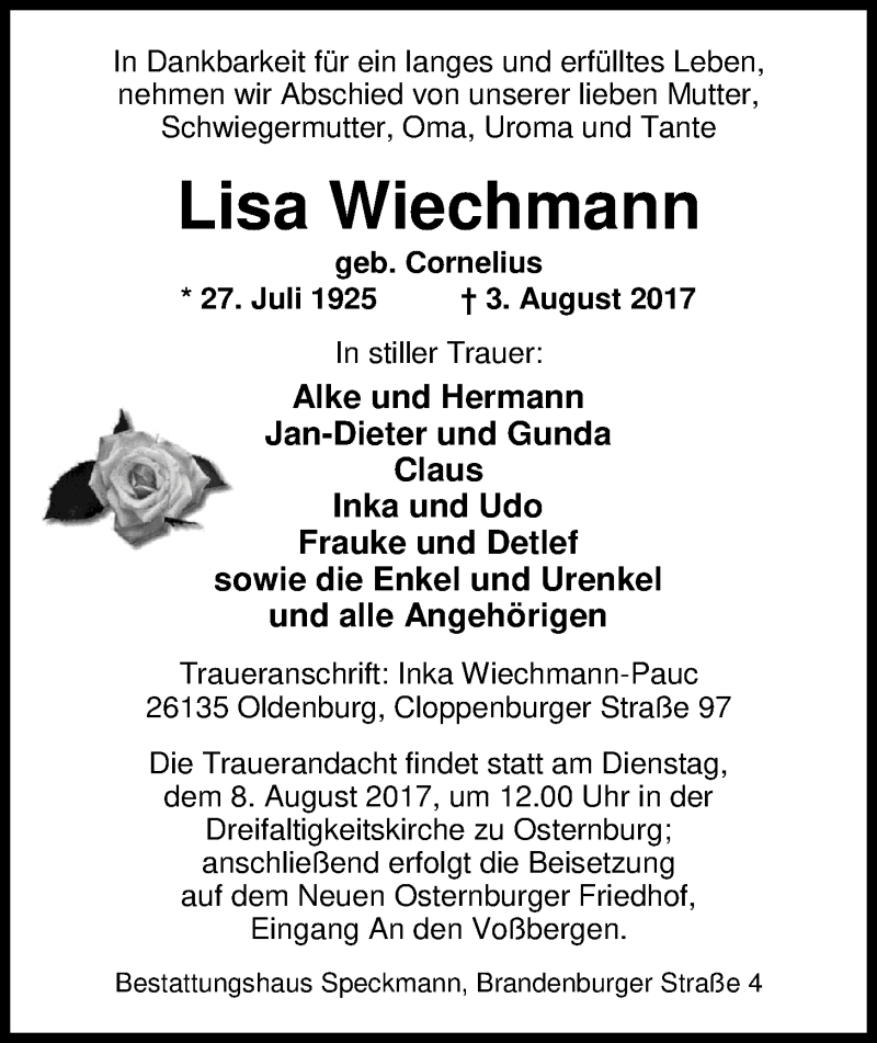  Traueranzeige für Lisa Wiechmann vom 05.08.2017 aus Nordwest-Zeitung