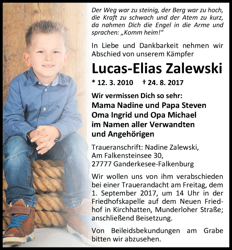  Traueranzeige für Lucas-Elias Zalewski vom 30.08.2017 aus Nordwest-Zeitung