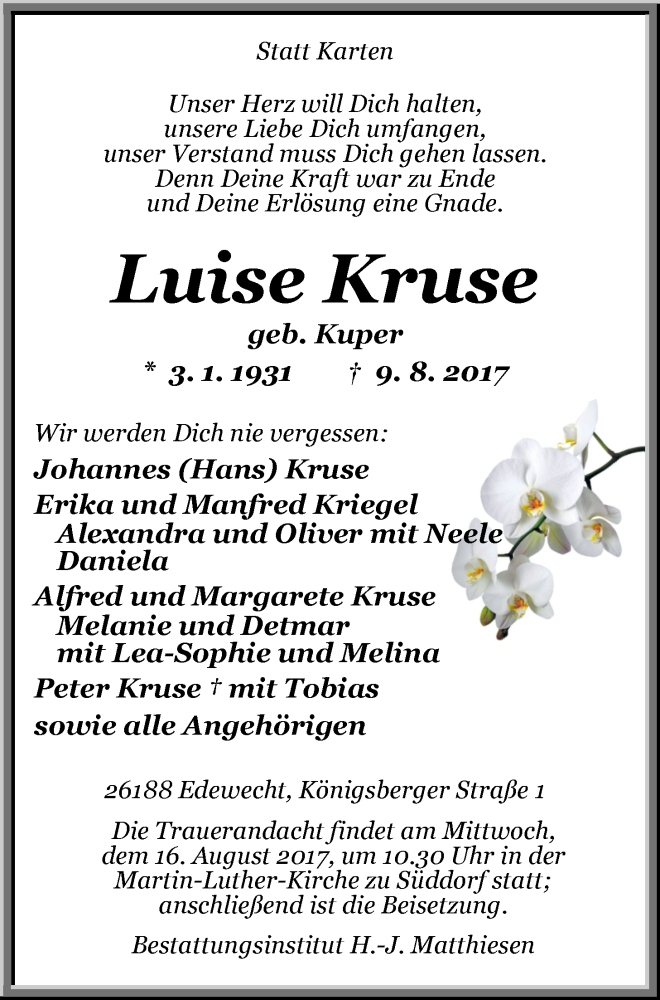  Traueranzeige für Luise Kruse vom 12.08.2017 aus Nordwest-Zeitung