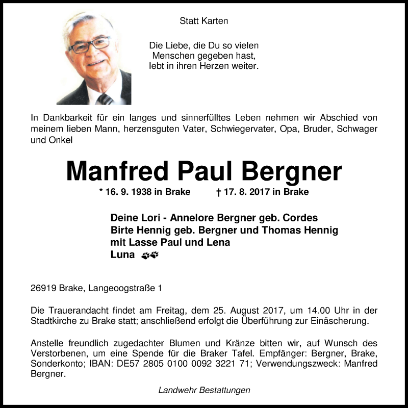  Traueranzeige für Manfred Bergner vom 22.08.2017 aus Nordwest-Zeitung