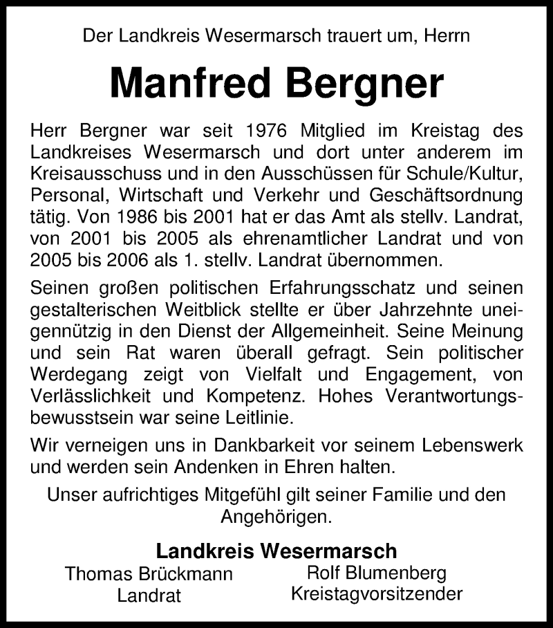  Traueranzeige für Manfred Bergner vom 23.08.2017 aus Nordwest-Zeitung
