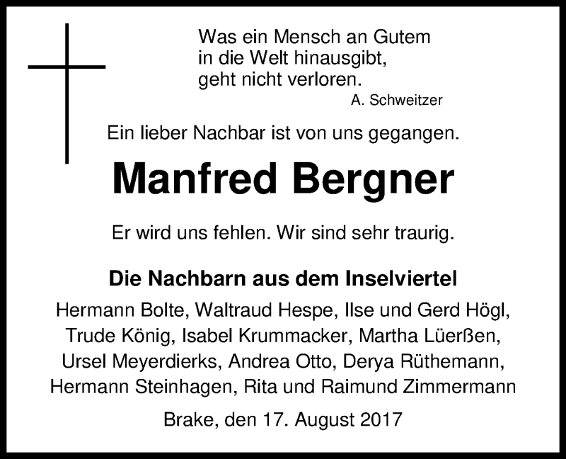  Traueranzeige für Manfred Bergner vom 22.08.2017 aus Nordwest-Zeitung