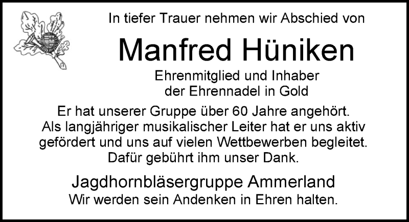 Traueranzeige für Manfred Hüniken vom 24.08.2017 aus Nordwest-Zeitung