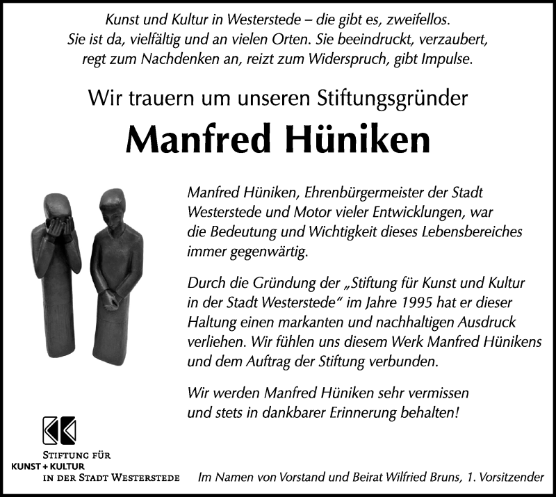  Traueranzeige für Manfred Hüniken vom 25.08.2017 aus Nordwest-Zeitung