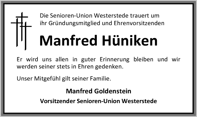 Traueranzeige für Manfred Hüniken vom 24.08.2017 aus Nordwest-Zeitung
