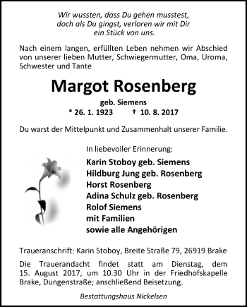 Traueranzeige von Margot Rosenberg von Nordwest-Zeitung