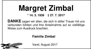 Traueranzeige von Margret Zimbal von Nordwest-Zeitung