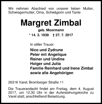 Traueranzeige von Margret Zimbal von Nordwest-Zeitung