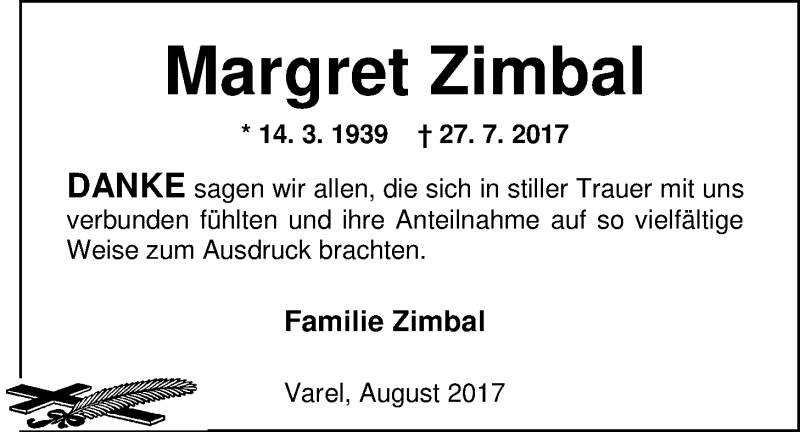  Traueranzeige für Margret Zimbal vom 19.08.2017 aus Nordwest-Zeitung