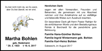 Traueranzeige von Martha Bohlen von Nordwest-Zeitung