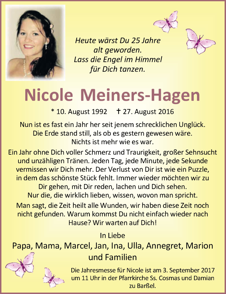  Traueranzeige für Nicole Meiners-Hagen vom 10.08.2017 aus Nordwest-Zeitung